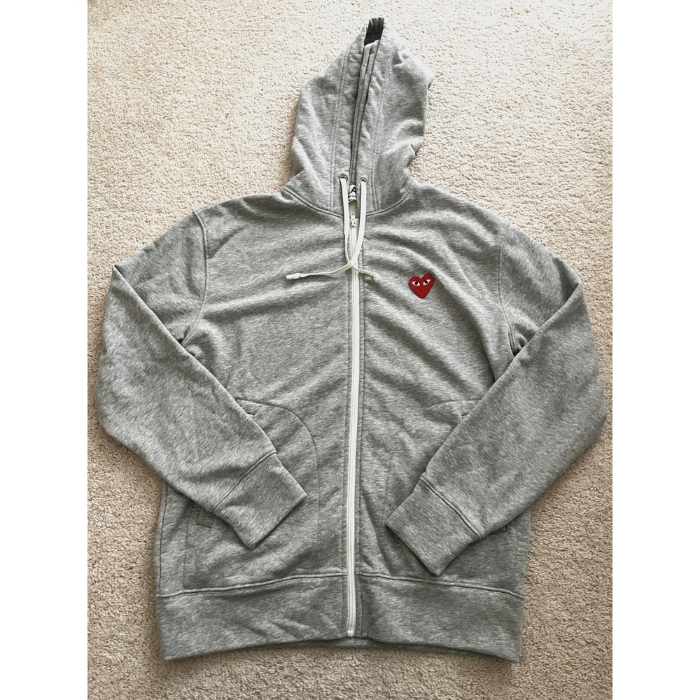 Comme Des Garcons Play Gray Full Zip Hood Hoodie LARGE Embroidered Heart Logo